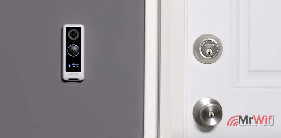WiFi-connected doorbell with an integrated night vision camera and porch light